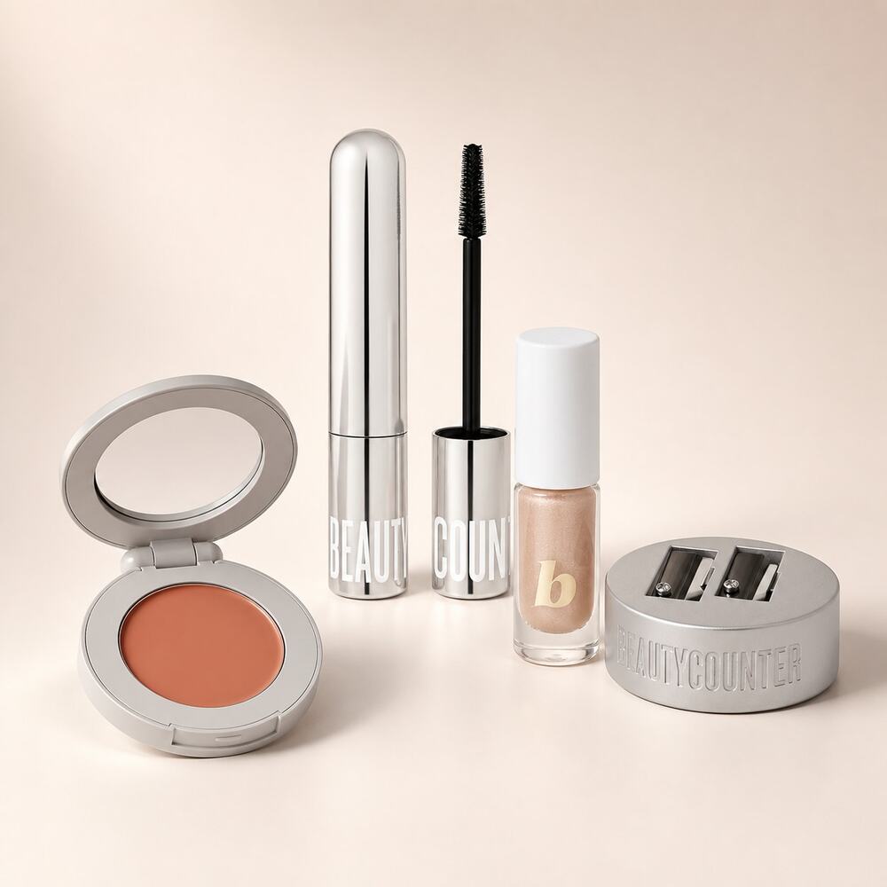 4pc Beautycounter Makeup Bundle Black Mascara Chai Blush Aura Shadow Sharpener